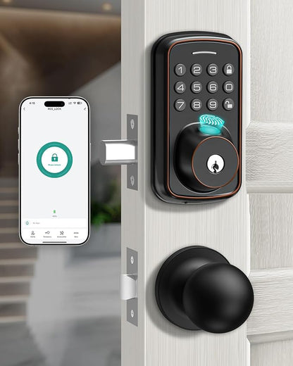 Keyless Entry Door Lock with Handle Set, Smart Door Lock with Fingerprint, 5 in 1 Unlock, Auto Lock Biometric Fingerprint Door Lock for Front Door, Easy Installation (Gold Black)