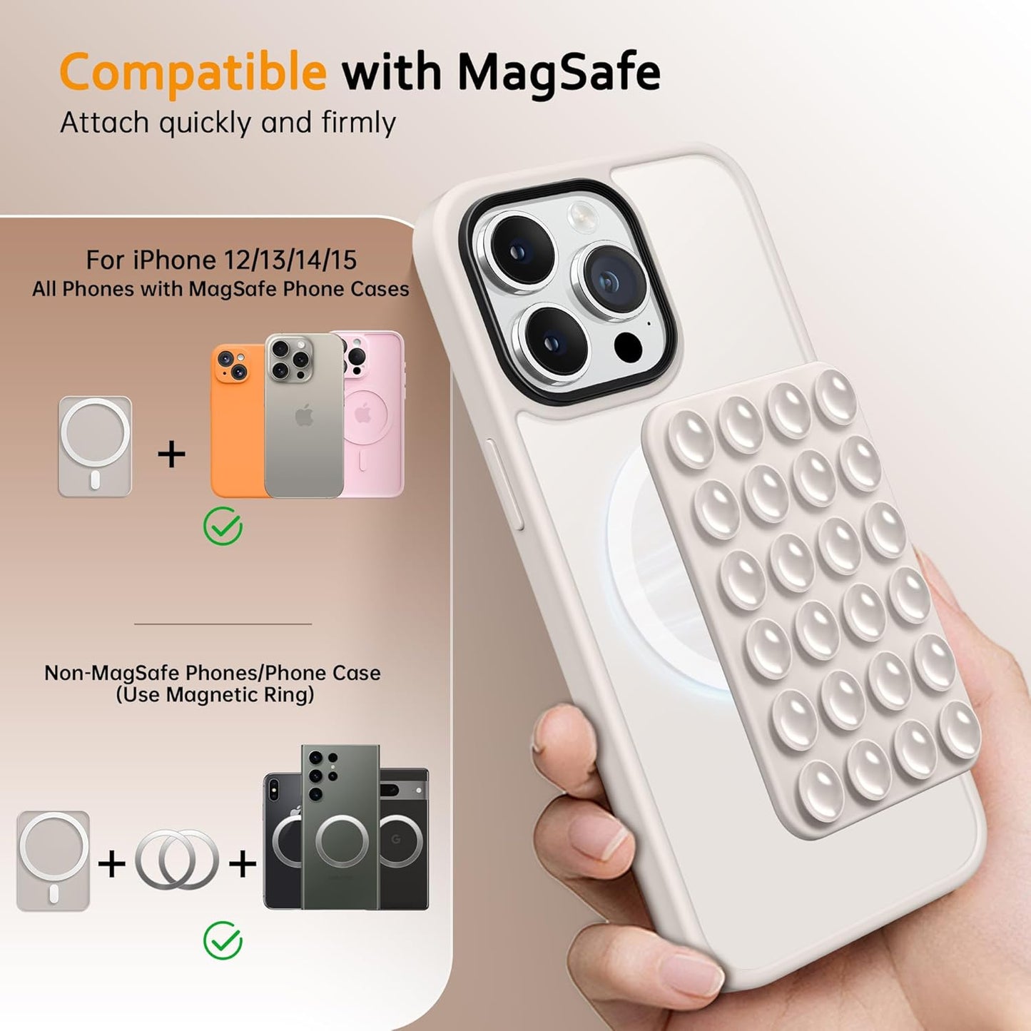 GONEZ Magnetic Suction Cup Phone Mount for MagSafe Case, Removable Silicone Sticky Grip for iPhone 12/13/14/15/16, Hands-Free Selfies and Videos for TikTok & Instagram Influencer/Creator, Stone