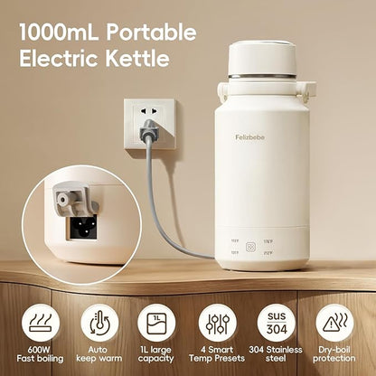 33.8 Oz/1000mL Portable Electric Kettle,304 Stainless Steel travel kettle,Hot Water Boiler and Keep Warm,4 Temp Settings,600W Fast Boiling Water with Auto Shut-Off and Boil Dry Protection