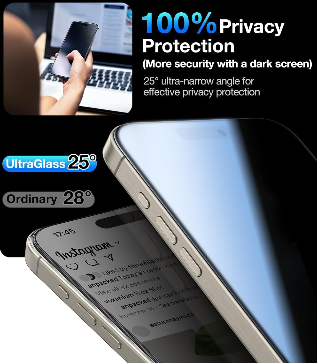 UltraGlass Ultra 9H+ Glass for iPhone 14 Pro Privacy Screen Protector [No.1 Military Grade Shatterproof & 100% Anti Spy] Glass Privacy Screen iPhone 14 Pro Tempered [Longest Durable],2 Pack
