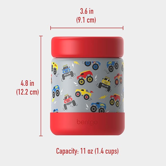 Bentgo Kids Stainless Steel Food Jar - 11oz Leak-Proof Double Insulated Hot or Cold Food Container with Removable Silicone Bumper, Dishwasher Safe, Easy Open Lid, Ages 3+ (Trucks)