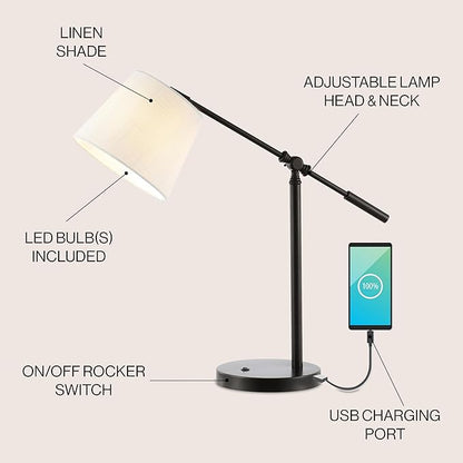 JONATHAN Y 24" Oil Rubbed Bronze 1-Light Iron LED Task Lamp with USB Port, Classic Vintage Industrial Table Lamp with Adjustable Head and Linen Shade, LED Bulb Included JYL1129A