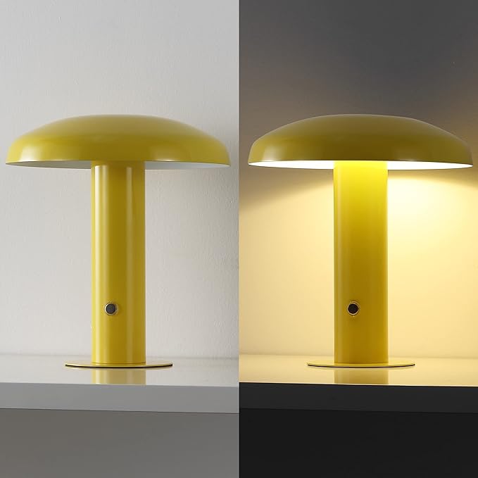 JONATHAN Y 11" Yellow Rechargeable LED Mushroom Table Lamp, Cordless Portable Dimmable Mid-Century Modern Accent Lamp, with Metal Shade, Touch Sensor (JYL7114C)
