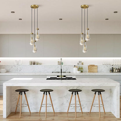 Brass 3 Light Pendant Lighting for Kitchen Island, Raindrop Cluster Pendant Light Fixture, Adjustable Hanging Rope Glass Chandelier Dining Room Light Fixture Ceiling Lamp for Foyer Hallway