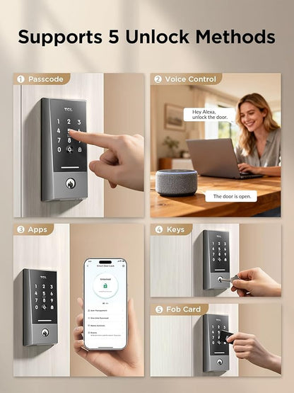 TCL Smart Lock D2 - Keyless Entry Door Lock, Built-in Wi-Fi, Touchscreen Keypad, App Remote Control, Easy Installation, No Bridge Required, IP54 Waterproof (Dark Grey)