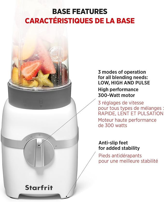 Starfrit Personal Blender - Two 828ml Cups - High, Low & Pulse Modes - 300W - White