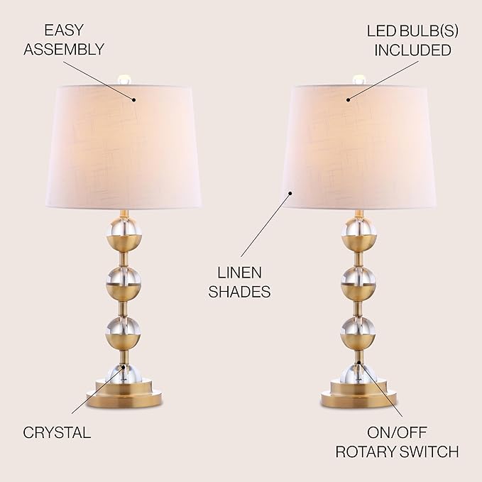 JONATHAN Y 27.5" Clear/Brass Gold Crystal LED Table Lamp Set of 2 for Bedroom, Modern Stacked Sphere Lamps for Living Room, White Linen Drum Shade, LED Bulbs Included JYL2049A-SET2