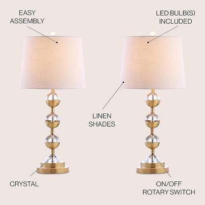 JONATHAN Y 27.5" Clear/Brass Gold Crystal LED Table Lamp Set of 2 for Bedroom, Modern Stacked Sphere Lamps for Living Room, White Linen Drum Shade, LED Bulbs Included JYL2049A-SET2