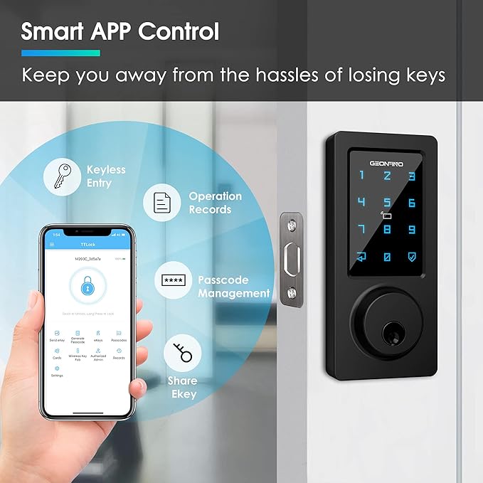Keyless Entry Door Lock, Smart Deadbolt Lock with Bluetooth App, Electronic Keypad, IC Card, Keys, Security Waterproof Easy Install Ideal for Home, Apartment, Office, Hotel