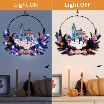 Lighted Halloween Wreaths for Front Door, Welcome Metal Wooden Door Wreath Decor Hanging Sign, 30 LED Lighted Wall Decor Battery Operated for Halloween Indoor Outdoor (Ghost)