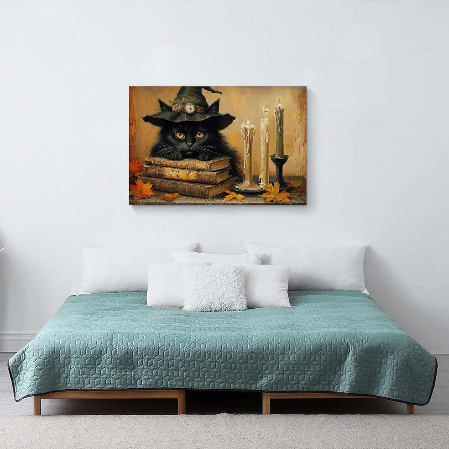 Vintage Halloween wall decoration black cat and magic book suitable for home bedroom living room decoration dark classic art witch wall decoration8x12in Wood Framed