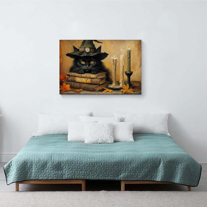 Vintage Halloween wall decoration black cat and magic book suitable for home bedroom living room decoration dark classic art witch wall decoration24x36in Wood Framed