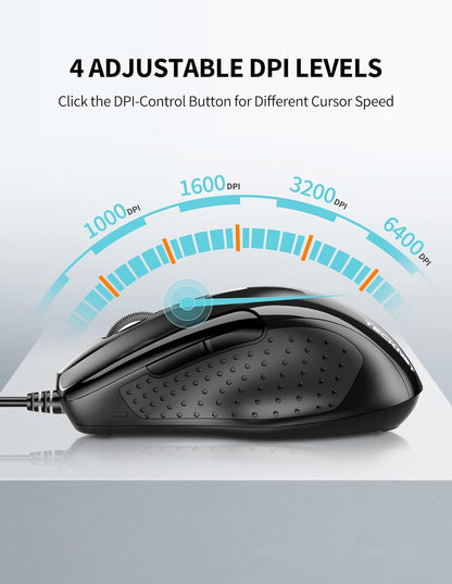 TECKNET USB Wired Mouse, 6-Button Corded Mouse with 4 Adjustable DPI, Optical Computer Mouse with Ergonomic Design and 5FT Cord for Laptop, Chromebook, PC, Desktop, Mac, Notebook-Black