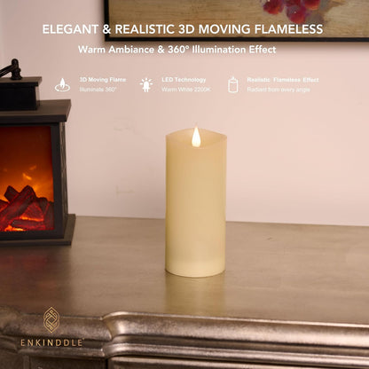Flickering Flameless Candle, Real Wax LED Pillar Candle with 3D Moving Flame, Battery Operated, Built-in Timer, Ivory, Unscented, Safe for Home Décor, and Holidays 3" x 7.12"