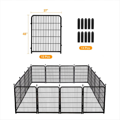 Doorless Dog Digging Fence Barrier,48in(H) 12 Panels Total 26.6 Ft(L), Black Metal Fencing for Yard 4ft Tall, Dog Fence Outdoor for Yard, Fencing for Garden Beds, Garden Fences Border