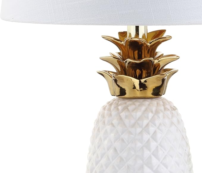 JONATHAN Y 23" White/Gold Pineapple Ceramic Table Lamp for Bedroom Decor, Modern Whimsical Bedside Nightstand Lamp with White Linen Drum Shade and LED Bulb (JYL4019C)