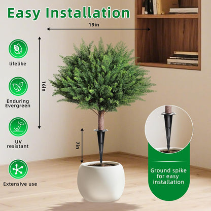 23" Artificial Cedar Topiary Ball Trees ，Set of 2 Outdoor Faux Plants with Ground Spike, UV Resistant Fake Pine Shrubs Bushes for Indoor Front Porch Yard Decorations (Cypres)