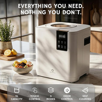 Airthereal Revive R800 Lite Electric Kitchen Composter, 5L Countertop Food Waste Recycler with Self-Cleaning, Odorless Operation & Touch Screen, Quiet, Fast Composting for Home, No WiFi, White