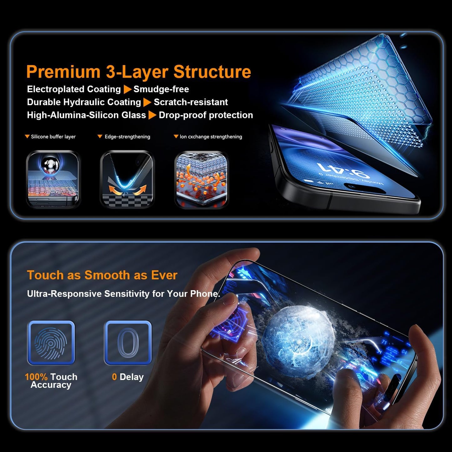 OneFish Tempered Glass Screen Protector for iphone 11/Xr, 9H Hardness Glass Scratch Resistant,HD Clarity Tempered Glass Film with Installation Frame,Shatterproof Bubble Free, Easy Installation,2Pack.