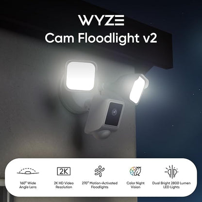 WYZE Floodlight Camera v2, Security Camera Outdoor, 2K HD with Color Night Vision, 2800-Lumen LEDs, 160° Wide View, 105dB Siren, Works with Alexa & Google Assistant, Wired, Free Expert Support