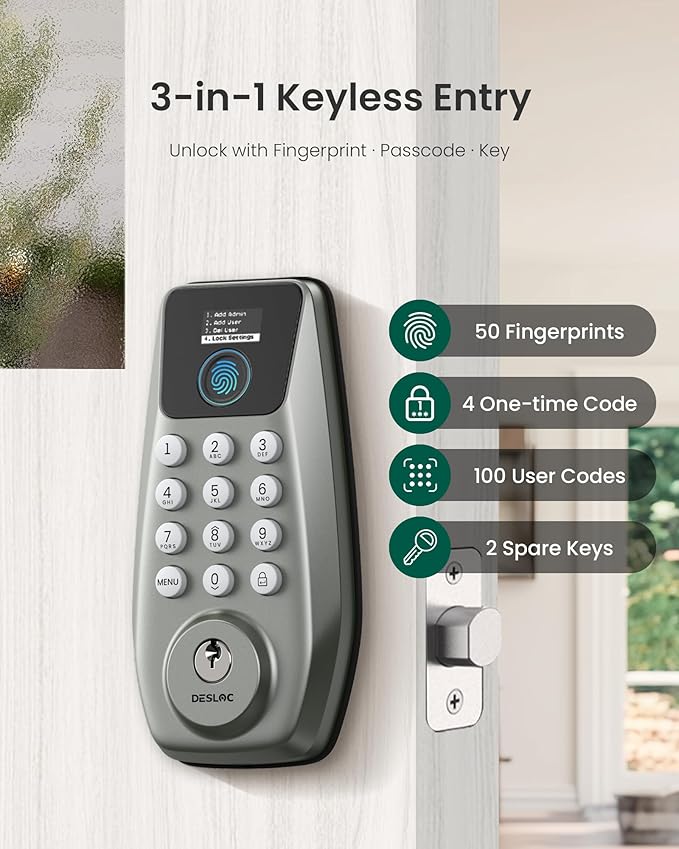 DESLOC C110 Smart Lock with LockVue Display, 3-in-1 Keyless Entry Door Lock with Fingerprint, Passcode & Key, BHMA Certified Deadbolt, Auto Lock, 12-Month Battery for Home, Apartment & Airbnb, Nickel