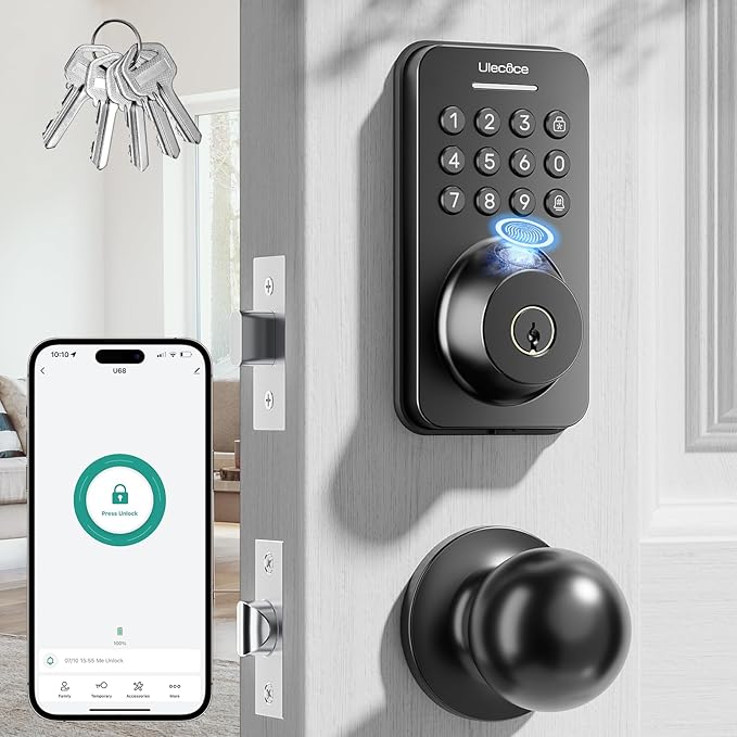 Fingerprint Keypad Deadbolt with Handle Set, Keyless Entry Door Lock, Door Locks for Front Door Lock Set, App Control, Auto Locking, Easy to Install, Matte Black