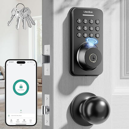 Fingerprint Keypad Deadbolt with Handle Set, Keyless Entry Door Lock, Door Locks for Front Door Lock Set, App Control, Auto Locking, Easy to Install, Matte Black