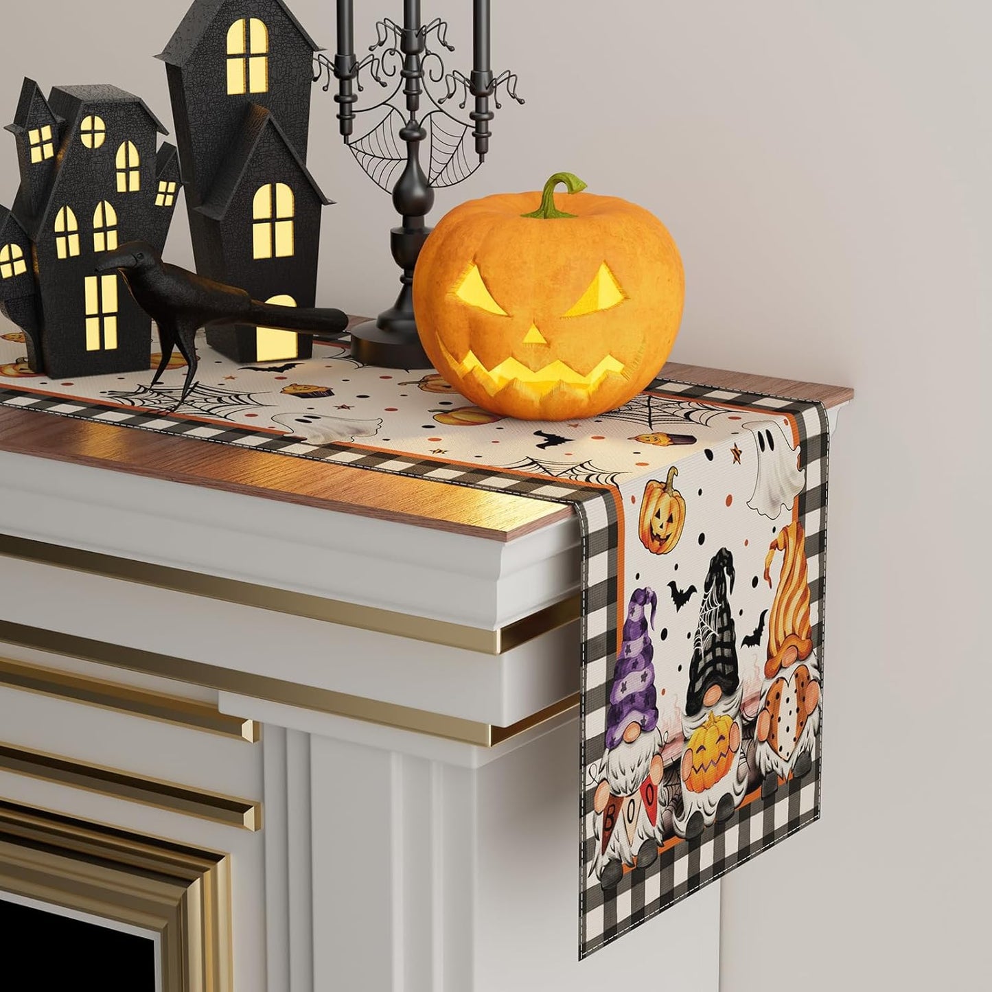XCHI Spooky Boo Plaid Gnome Halloween Table Runner Party Table Decoration for Home Kitchen Dining Holiday Decor 13x108 Inch