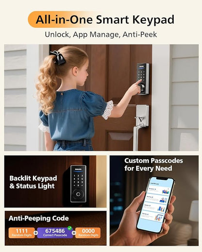 Philips WiFi Smart Lock with Front Door Handle Set, Built-in WiFi, APP Remote & Voice Control, Fingerprint Keyless Entry Door Lock, Keypad Deadbolt Smart Locks for Front Door, Auto-Lock, Satin Nickel