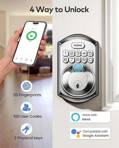 TEEHO TE012W WiFi Smart Lock, Fingerprint Door Lock with Built-in Wi-Fi, Keyless Entry Keypad Smart Deadbolt, App Remote Control, Alexa Compatible, IP55 Waterproof for Front Door – Satin Nickel