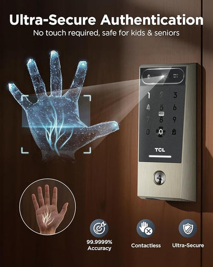 TCL Smart Lock D2 Pro with Palm Vein Recognition, Keyless Entry Door Lock for Front Door, Wi-Fi Keypad Deadbolt, App Remote Control, Auto Lock, Rechargeable Battery, Works with Alexa & Google