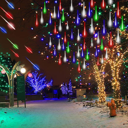 Christmas Lights Outdoor Tree Cascading Icicle Lights 12 inch 8 Tubes Shooting Star Waterfall Meteor Shower Falling Rain Light for Holiday Decorations Wedding Party New Year (Multi Color)