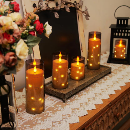Homemory 9 Pcs Flameless Candles with Embedded Star String Fairy Lights, Battery Operated Candles, LED Fake Candles with Remote Control and Timer, Gray Acrylic