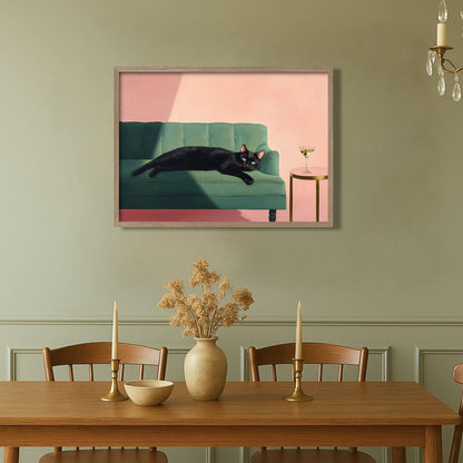 Wood framed black cat wall art modern style canvas print lazy black cat poster picture decoration painting gallery style artwork suitable for living room bedroom decoration 16x24 inch