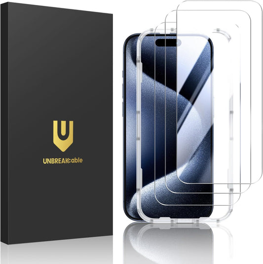 UNBREAKcable Shatterproof Tempered Glass Screen Protector for iPhone 15 Pro Max [3-Pack][Easy Installation Frame] [9H Hardness] [99.99% HD Clear] [Bubble Free] for Apple 6.7”