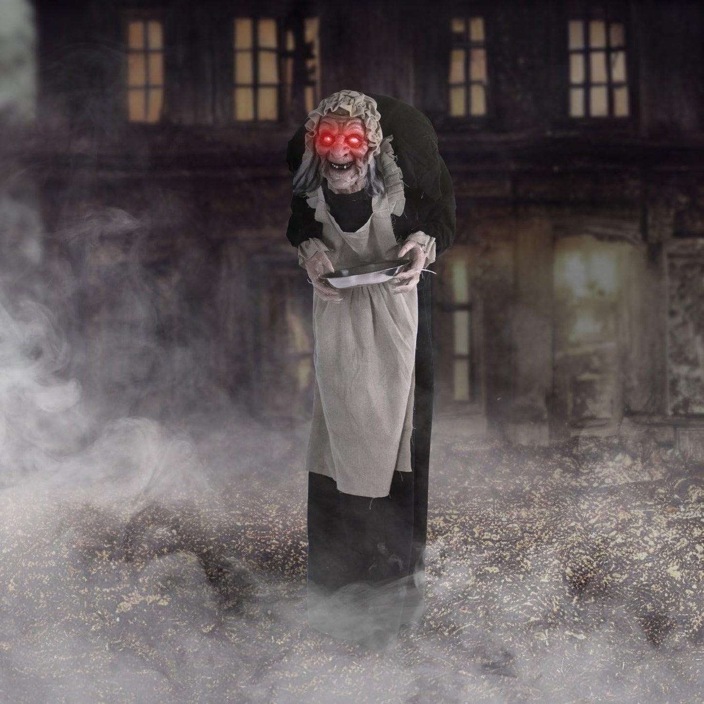 Haunted Hill Farm Life-Size Halloween Animatronic, Scary Talking Zombie Maid with Touch Activated Lights and Sounds, Battery Operated Indoor or Covered Outdoor Halloween Decorations for Home