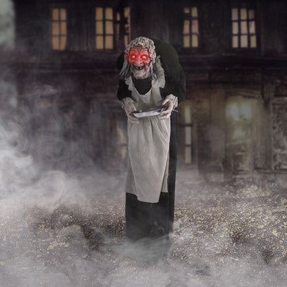 Haunted Hill Farm Life-Size Halloween Animatronic, Scary Talking Zombie Maid with Touch Activated Lights and Sounds, Battery Operated Indoor or Covered Outdoor Halloween Decorations for Home