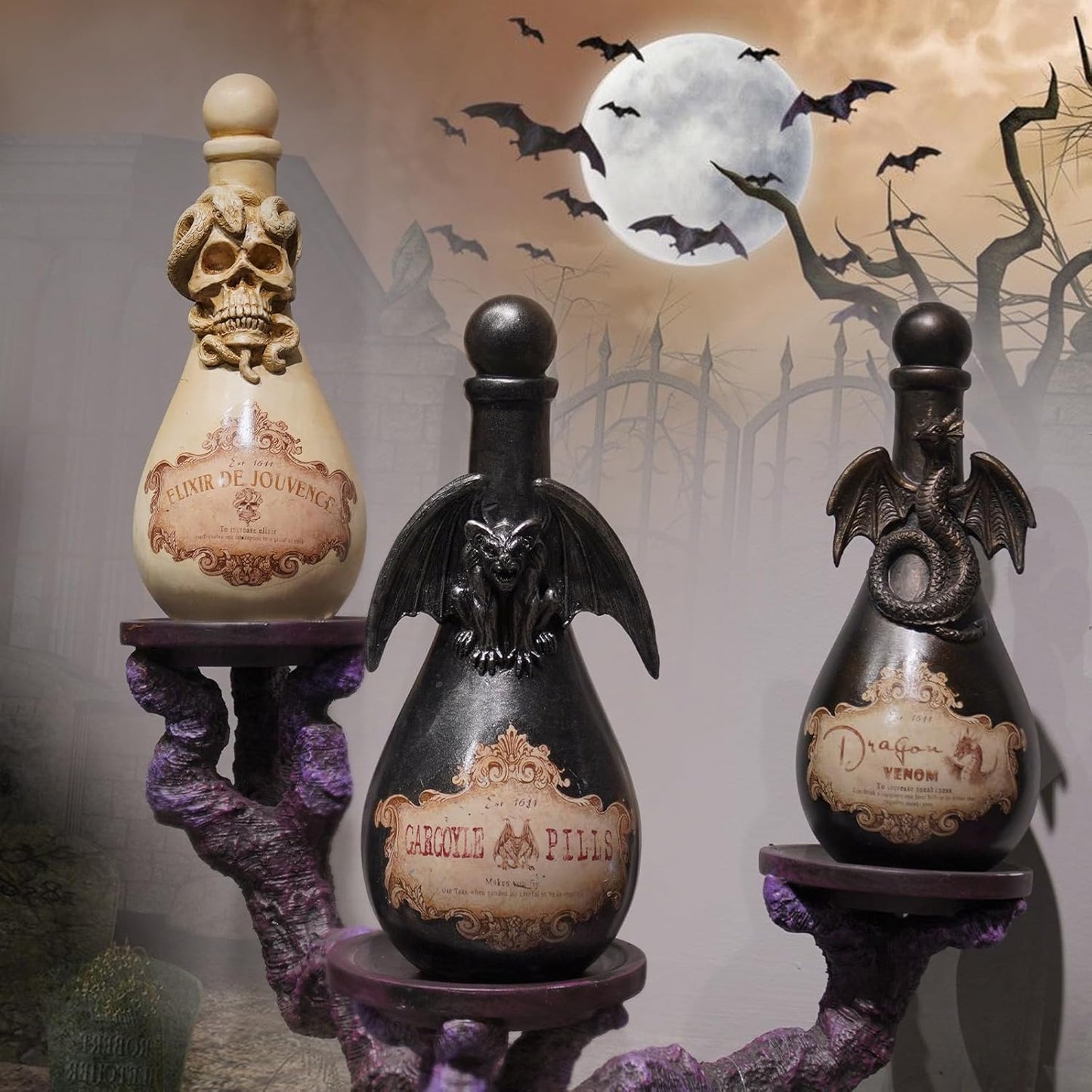 Braxio Gothic Home Decor Potion Bottles - Resin Black Gargoyles Halloween Potion Bottles Room Decor Aesthetic Gift for Women Halloween Prop Accessory Display Bottles 4.25 * 4.25 * 9.5 Inch