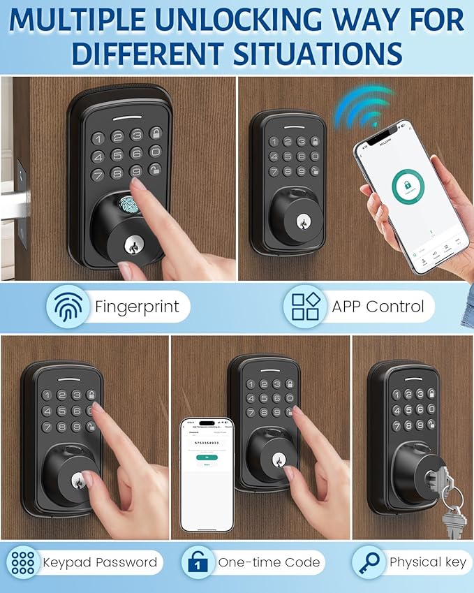 Keyless Entry Door Lock with Handle Set, Smart Door Lock with Fingerprint, 5 in 1 Unlock, Auto Lock Biometric Fingerprint Door Lock for Front Door, Easy Installation (Black)