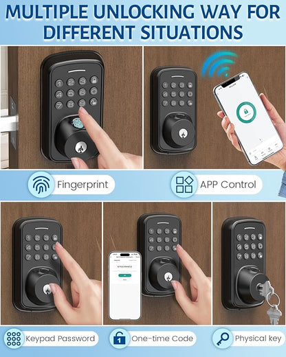 Keyless Entry Door Lock with Handle Set, Smart Door Lock with Fingerprint, 5 in 1 Unlock, Auto Lock Biometric Fingerprint Door Lock for Front Door, Easy Installation (Black)