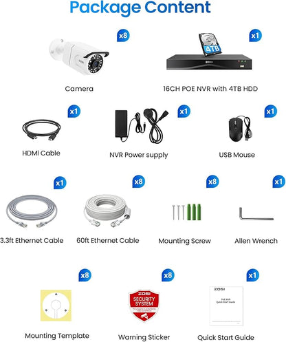 ZOSI 16CH 4K PoE Security Camera System, 8pcs 8MP Outdoors Cameras with Audio, People Counting, Person/Vehicle Detection, Night Vision, 16 Port 32CH NVR with 4TB HDD for Home Business 24/7 Recording