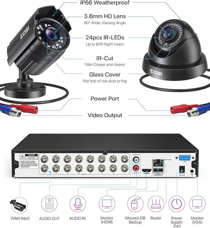 ZOSI 16CH Security Camera System with AI Human Vehicle Detection,16 Channel DVR with 4TB Hard Drive,16pcs 1920TVL 1080p Surveillance Cameras Indoor Outdoor,Night Vision,Remote Access,24/7 Recording