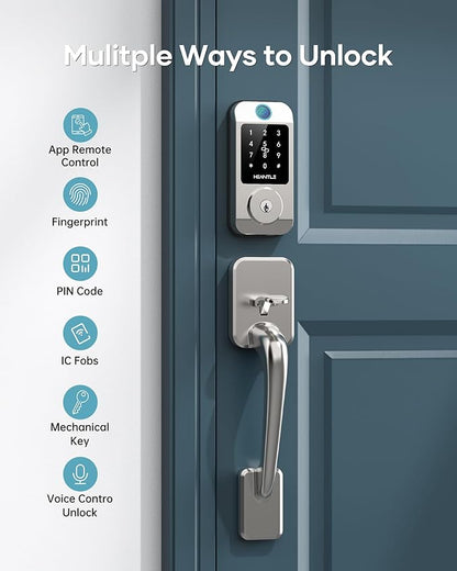 Wi-Fi Front Door Lock Set - HEANTLE Smart Locks for Front Door Built-in WiFi Keyless Entry Deadbolt with Handle Set Fingerprint Smart Electronic Deadbolt, Works with Alexa & Google Assistant Silver