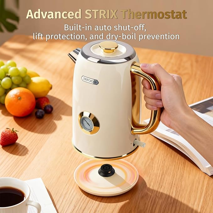 INFOOD Retro Electric Kettle 1.7L/57oz with Thermometer - 1500W Fast Boiling Stainless Steel Hot Water Tea Kettle, BPA-Free, Cordless, Auto Shut-Off, Boil-Dry Protection, White