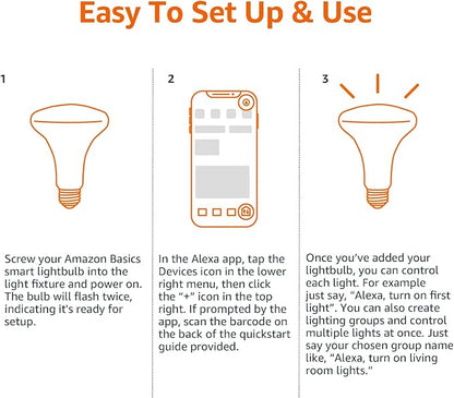 Amazon Basics Smart BR30 LED Light Bulbs, Color Changing, 9W (60W Equivalent), 800LM, Energy Efficient, Voice Control, Works with Alexa Only, 2.4 GHz Wi-Fi, No Hub Required, 4-Pack