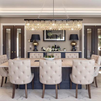 Rectangular Black Crystal Chandelier,10 Light Crystal Chandeliers for Dining Room, Rectangle Light Fixture for Kitchen Island L47''xW10''x H10''