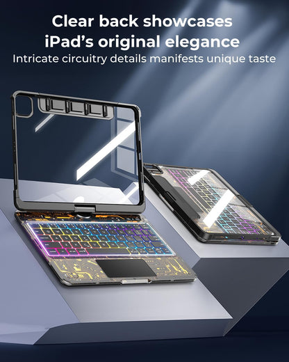 TSQQST Clear Wireless Keyboard Case for iPad (A16) 11th Generation 11-inch 2025/ iPad 10th Generation 10.9-inch 2022 with Pencil Holder & Multi-Touch Trackpad, 7-Color Backlight, 360 Rotatable, Black