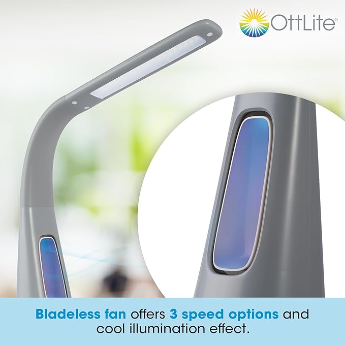 OttLite Cool Breeze LED Lamp with Fan (Gray) - 3-Speed Bladeless Fan & 5 Brightness Settings with Touch Activated Controls, Energy-Efficient Natural Daylight LEDs for Home Office, Desk, & Dorms
