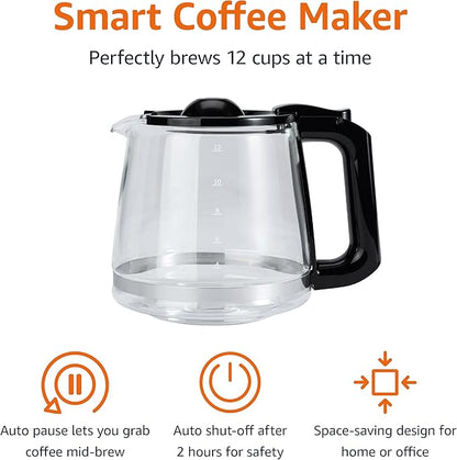 Amazon Basics Programmable 12 Cup Drip Coffee Maker with Glass Coffee Pot (1.9 Qt), Auto Shut-off, Touch Screen, Auto Pause, Removable Filter Basket, Black & Silver