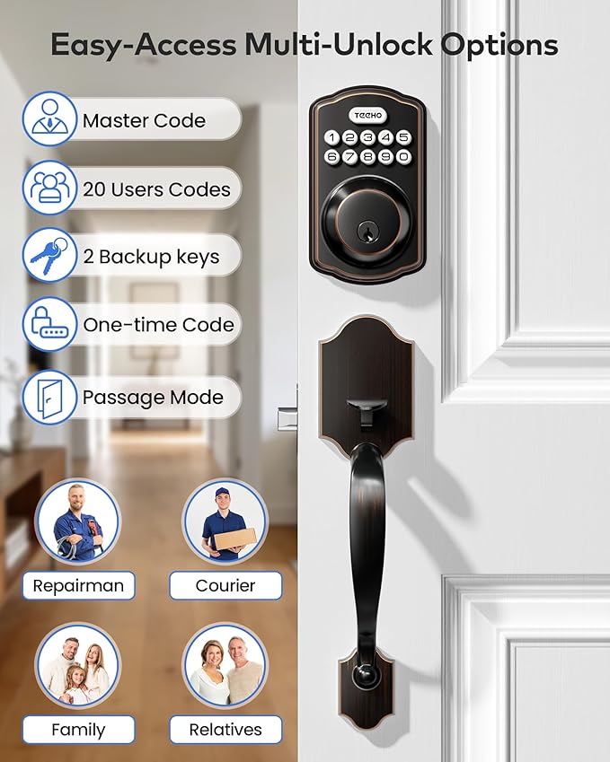 TEEHO TK001H Keyless Entry Door Lock with Handle Set, Electronic Deadbolt Keypad Door Lock with Code, Smart Locks for Front Door, Exterior Door Handle, Auto-Lock, Easy to Install, Oil-Rubbed Bronze